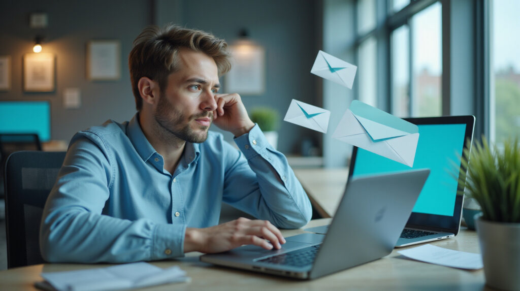 Persona alla scrivania sorpresa mentre un'email di carta esce dallo schermo del laptop e finisce dritta nel cestino